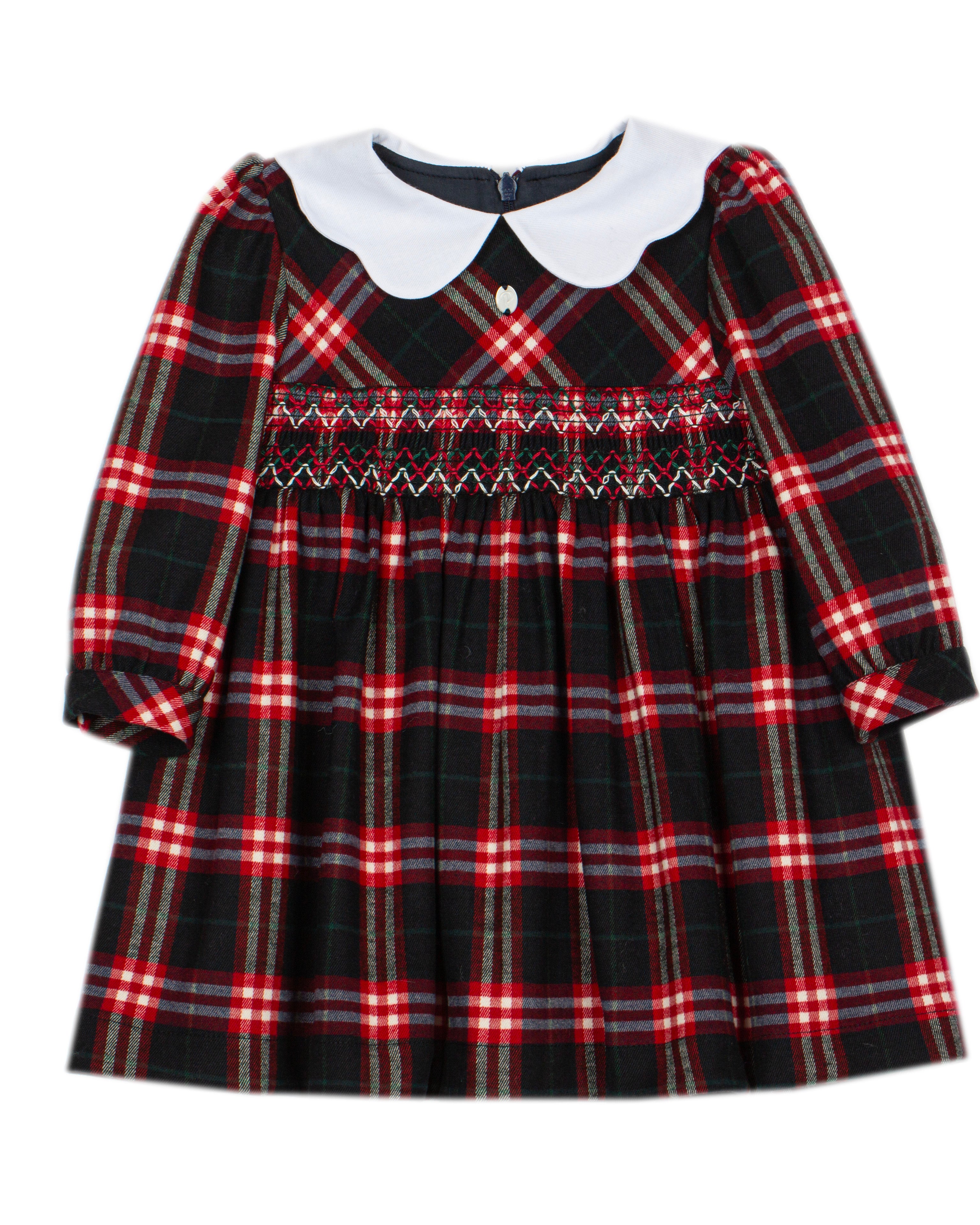 Patachou baby girls tartan smocked Christmas dress with white Peter Pan collar