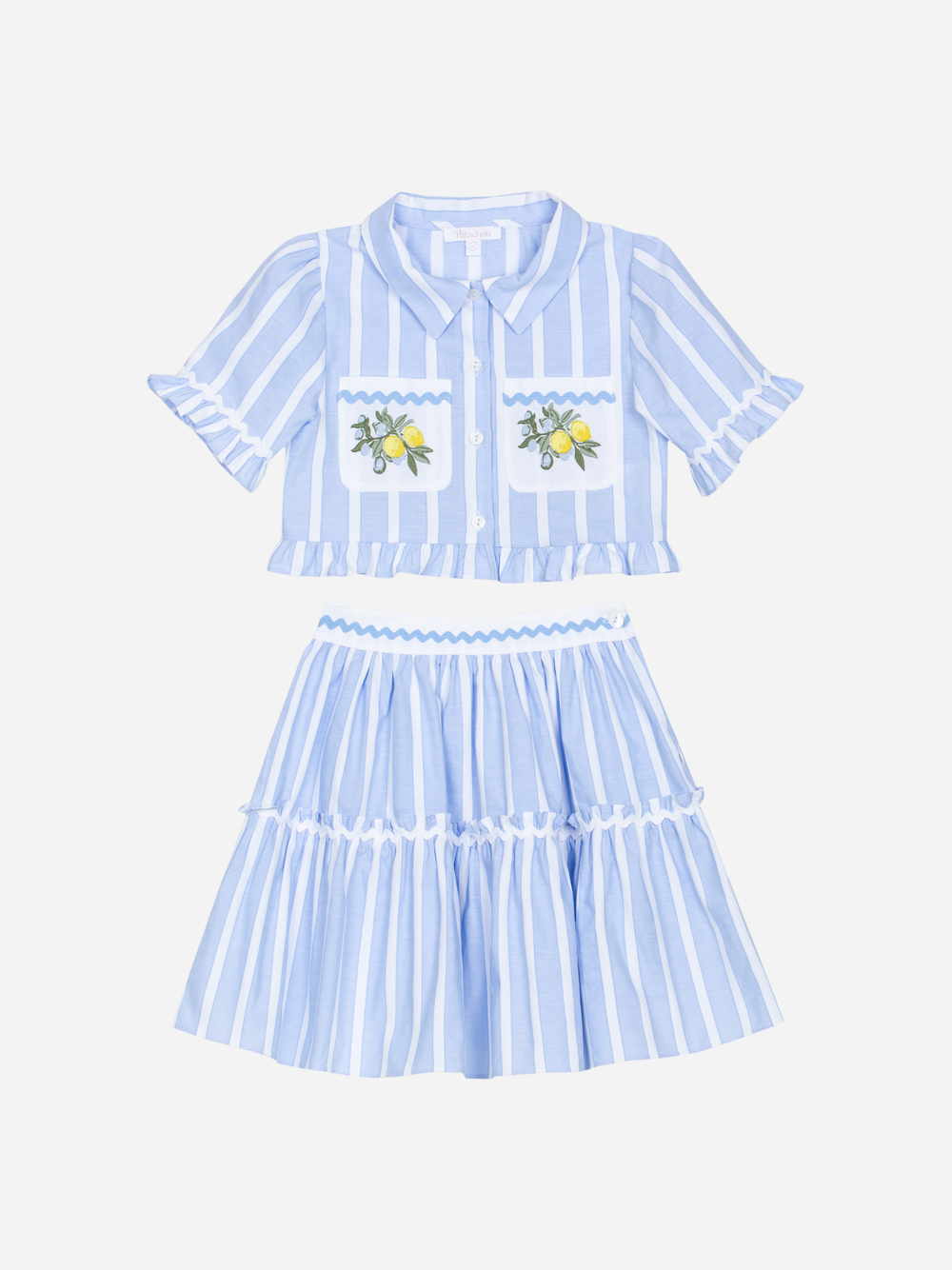 Patachou girls blue striped lemon skirt and top set front view