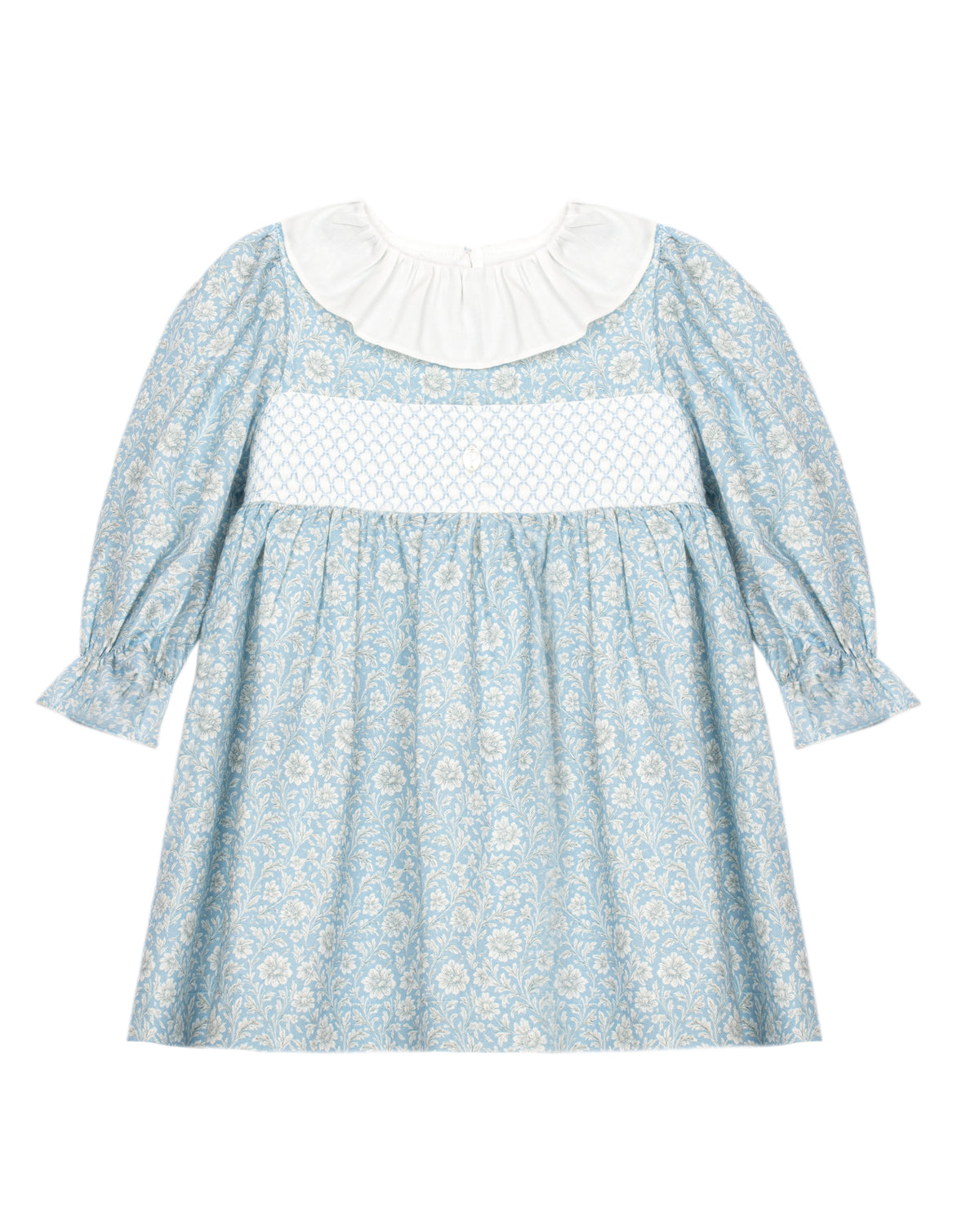 Patachou baby and girls blue garden cotton dress with white frill collar front view