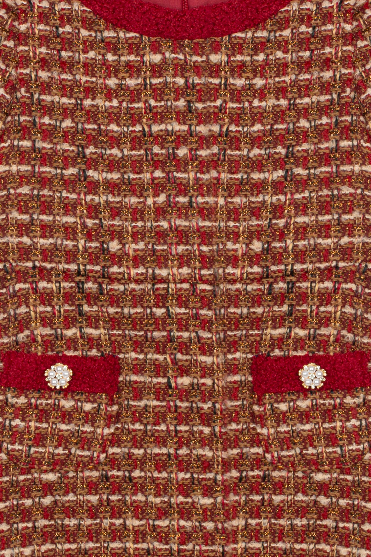 Girl wearing Patachou burgundy tweed Christmas occasion dress