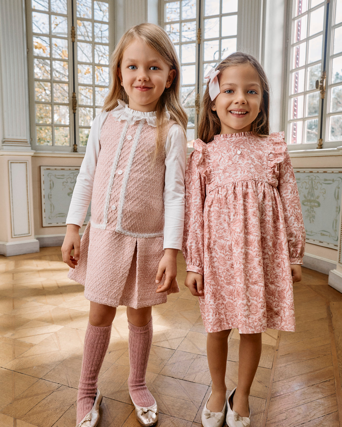 Girls wearing Patachou Liberty Rose pink floral dress and matching separates