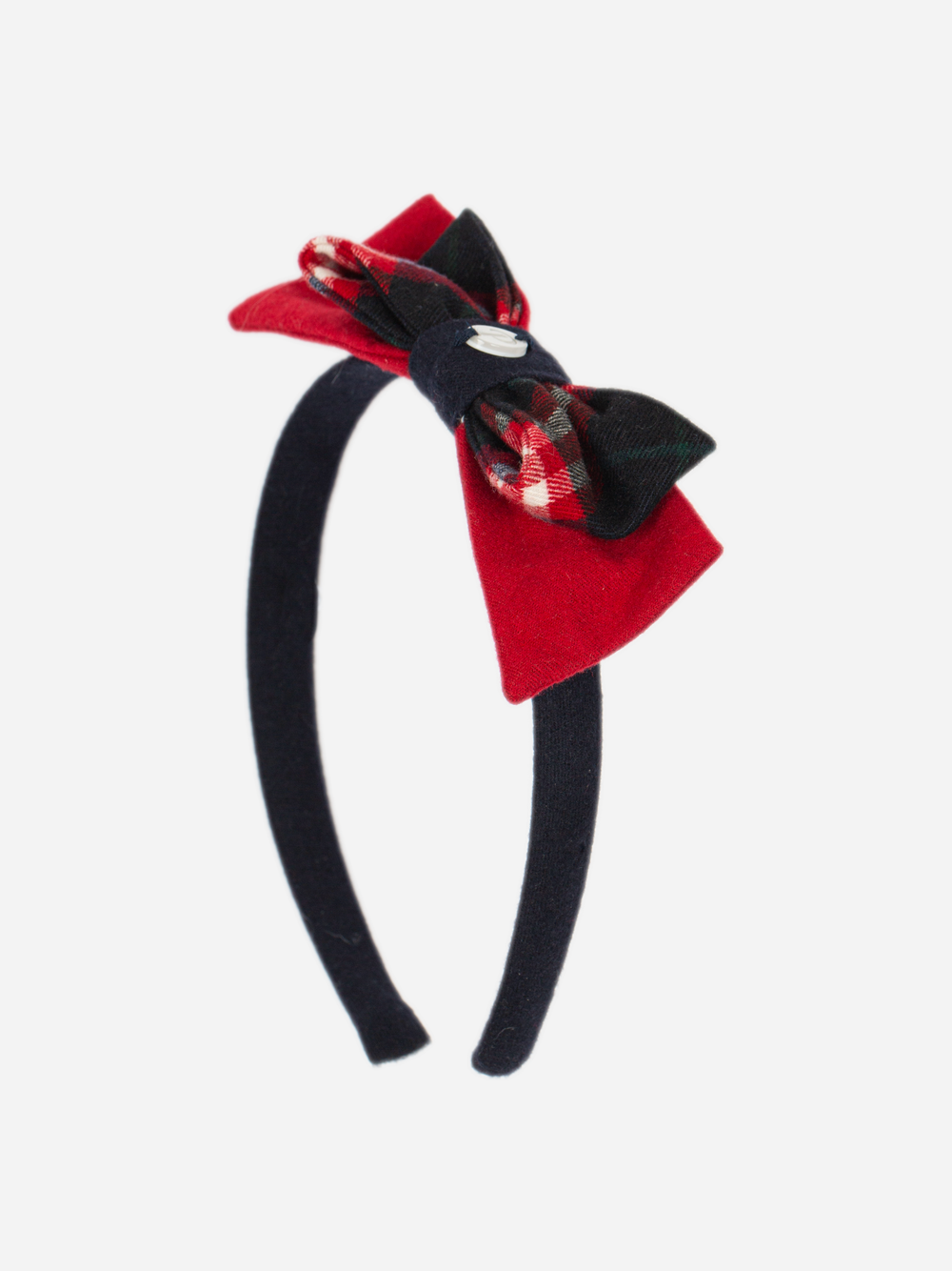 Patachou girls navy hairband with layered red and tartan bows front view
