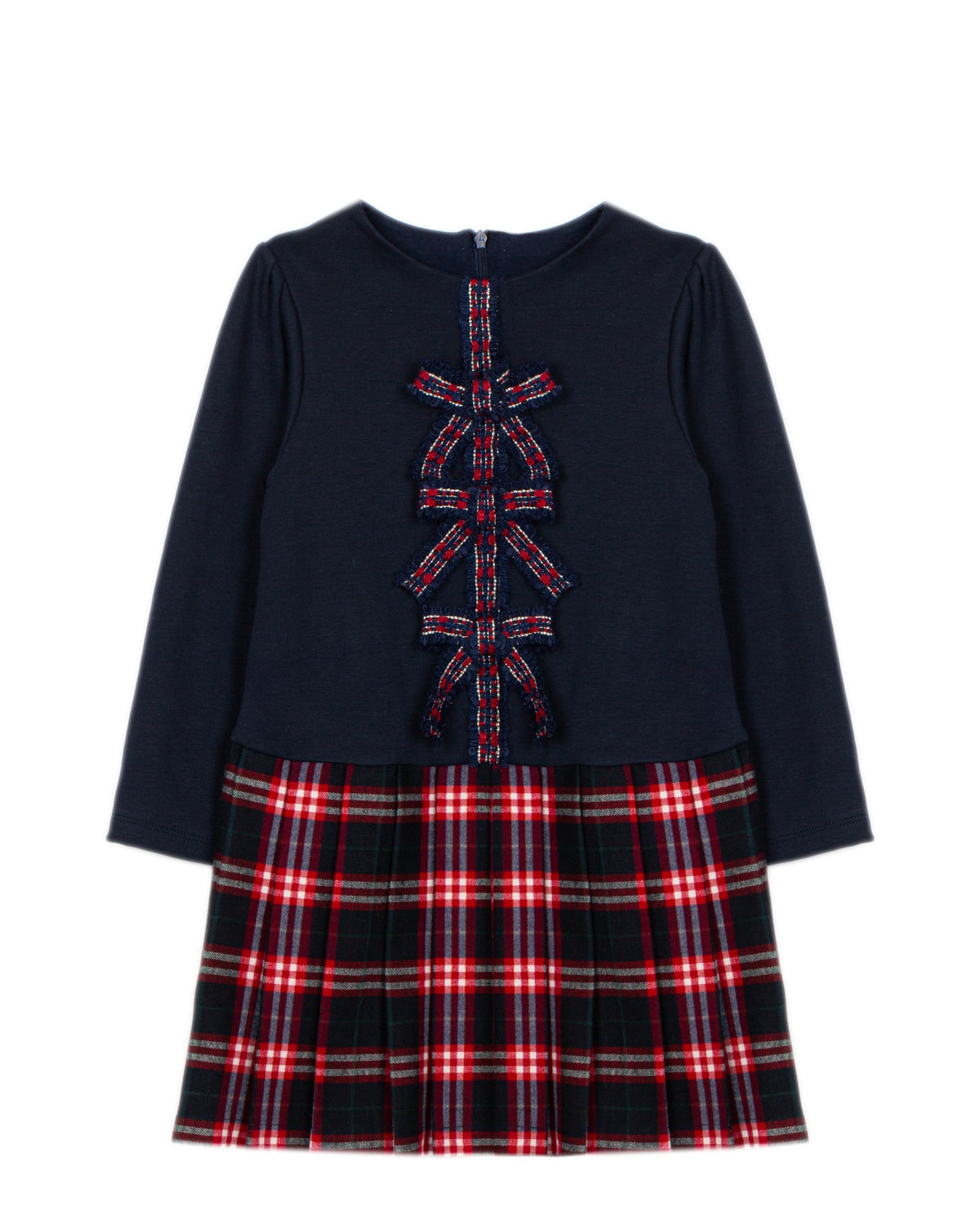 Patachou girls navy tartan Christmas party dress with bow details front view