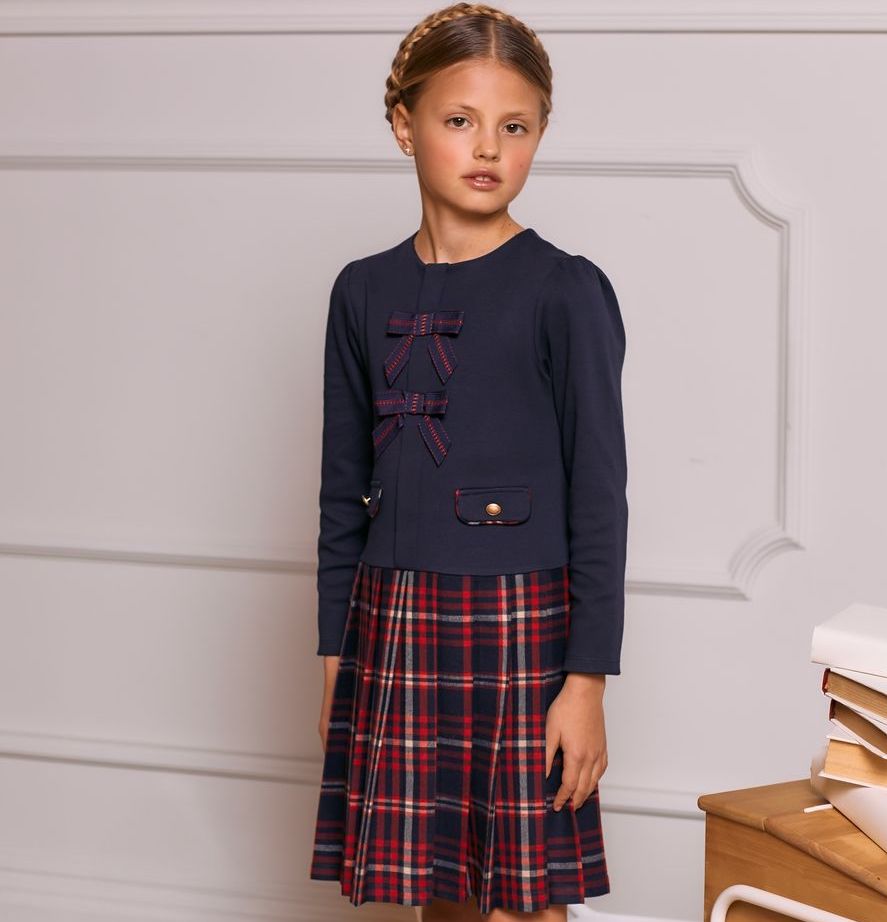Patachou Girls Navy & Tartan Dress With Bow Details