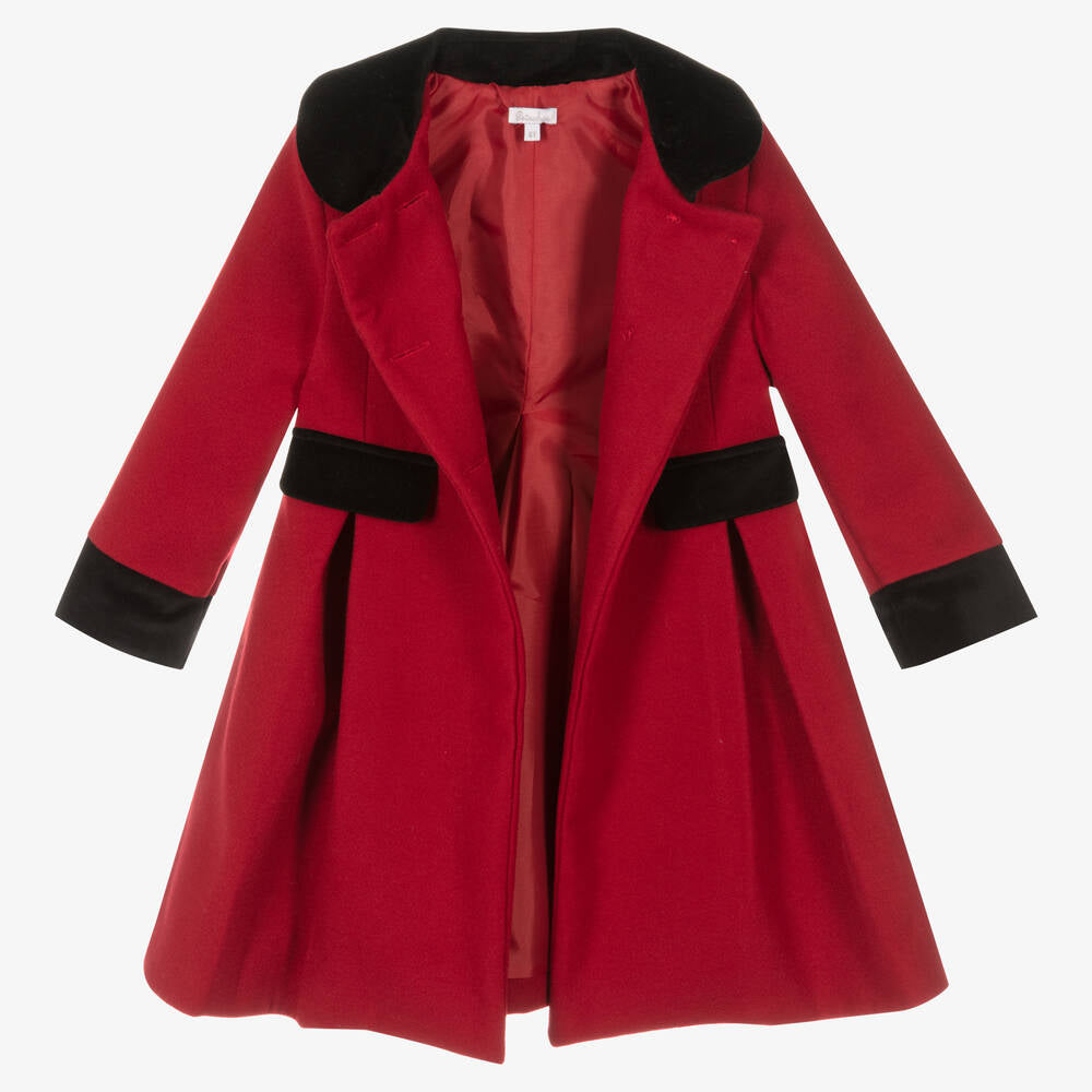 Patachou Girls Smart Red Coat With Black Velvet Trim