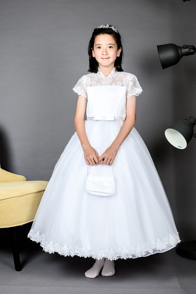 Poinsettia “Cilla” White Short Sleeve Princess Style  Communion Dress