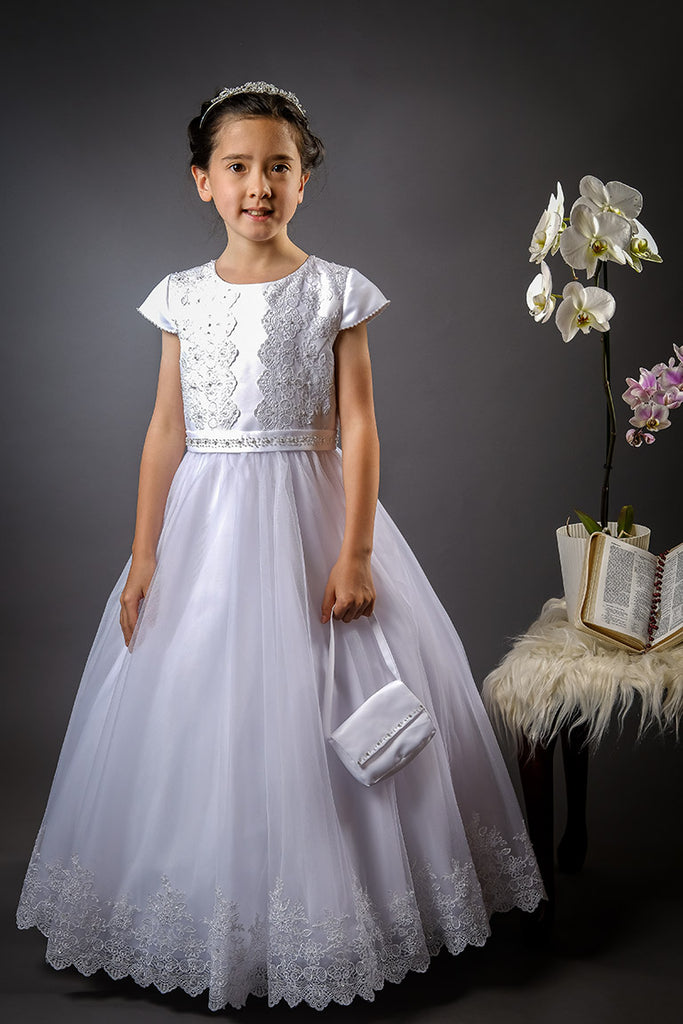 Poinsettia “Lola” White Cap Sleeve Communion Dress