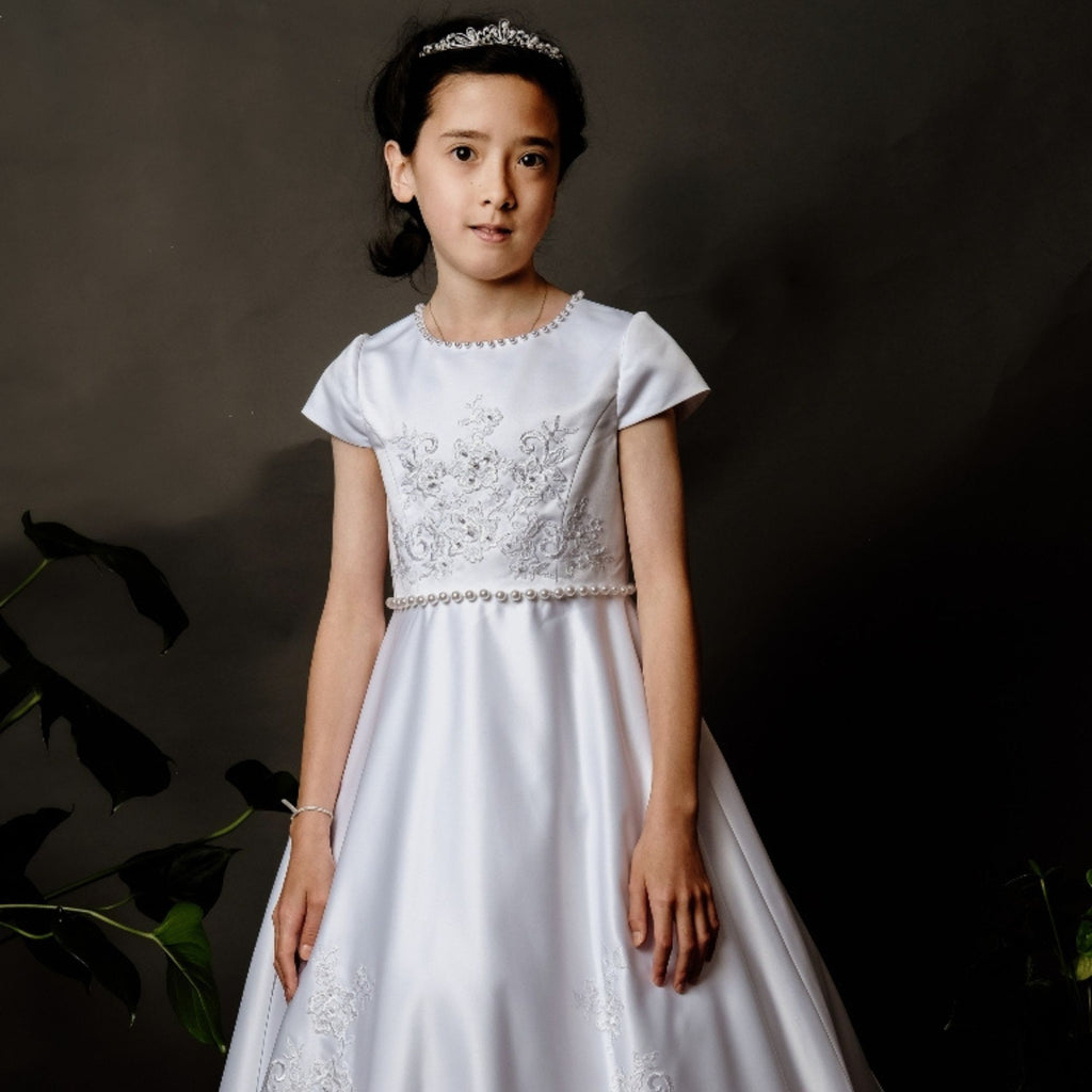 Poinsettia “Penelope” White Short Sleeve Communion Dress
