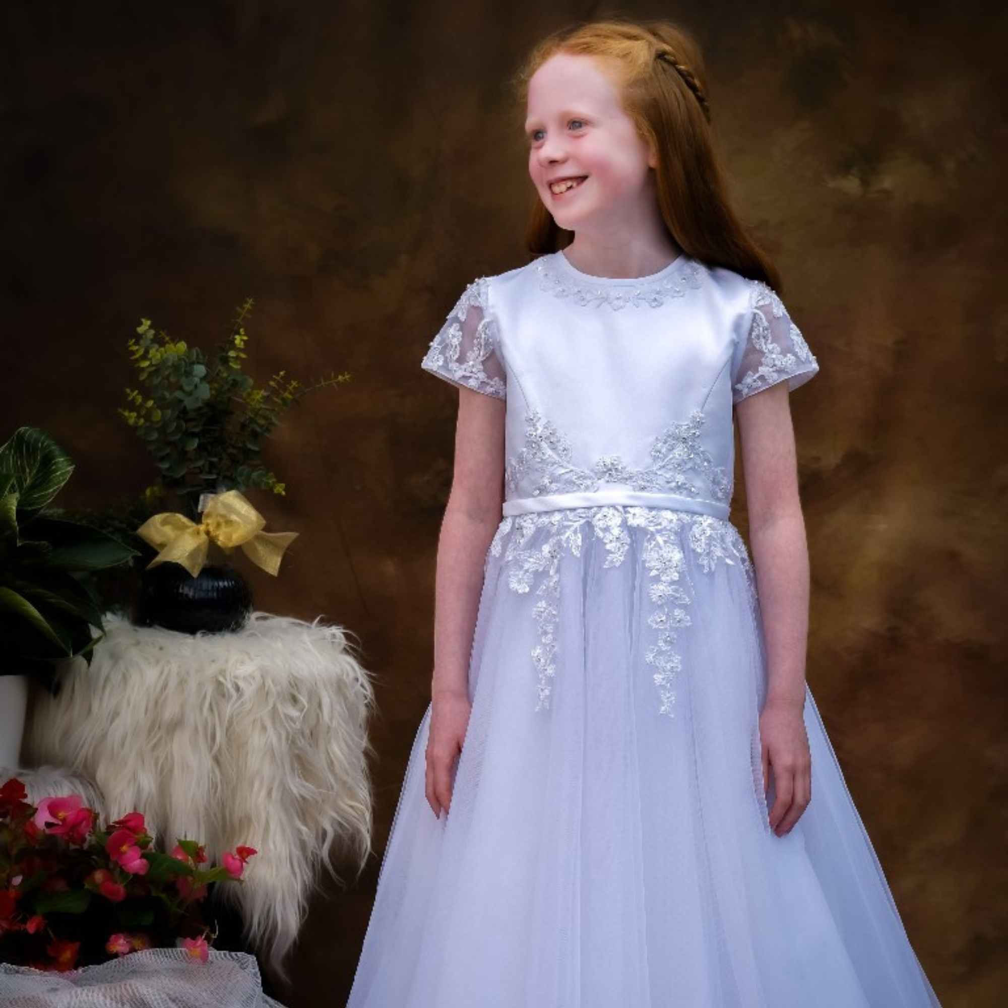 Poinsettia “Siomha” White Communion Cap Sleeve Dress