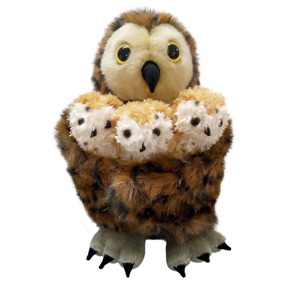 The Puppet Company tawny owl hand puppet kids toy holding three baby owl finger puppets beneath its wings