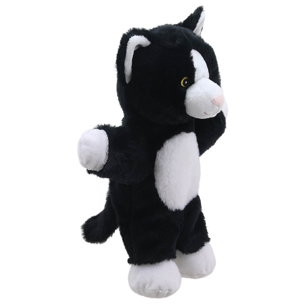 Side view of the children’s black and white cat puppet with soft tail