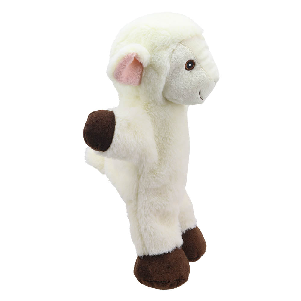 Side view of The Puppet Company lamb puppet toy for babies and children with embroidered face
