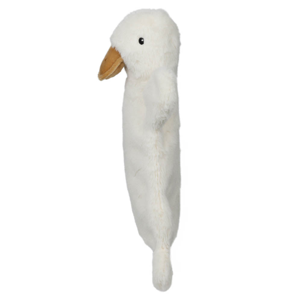 Side view of the soft white duck puppet showing its long cuddly shape