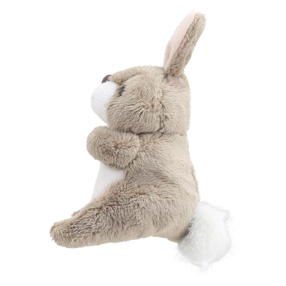 Side view of the soft grey rabbit finger puppet with fluffy white tail