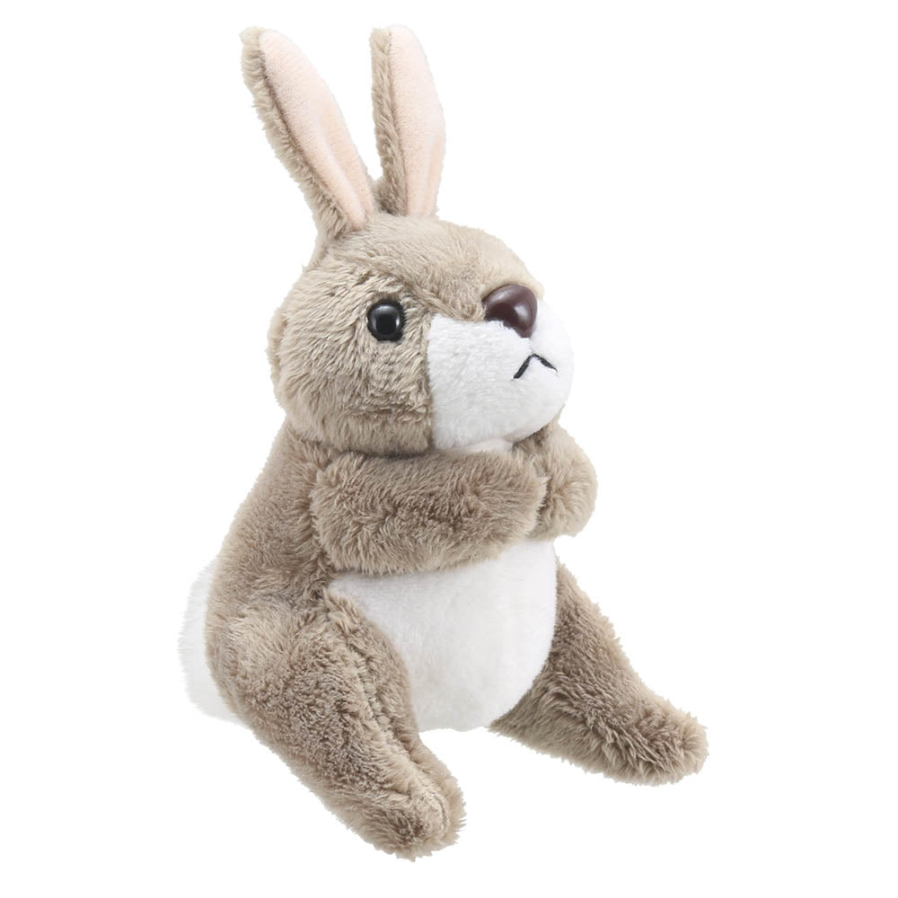 Grey woodland rabbit finger puppet seated at a three-quarter angle