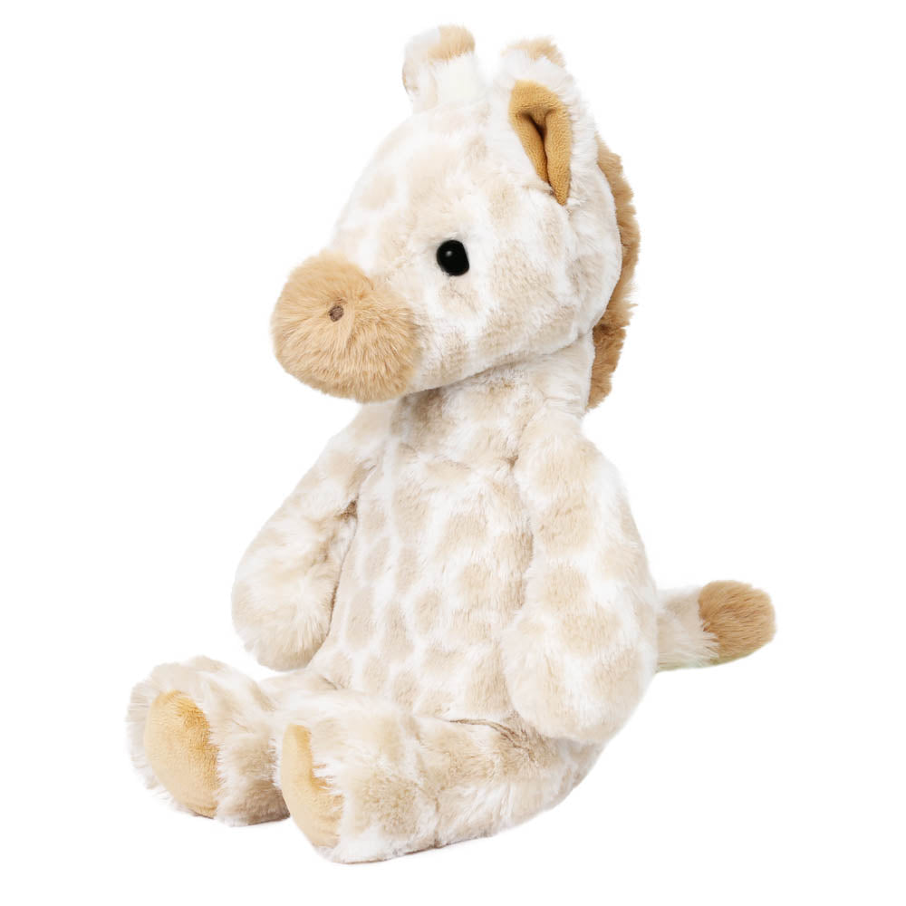 Soft giraffe toy for babies and children shown seated at an angle