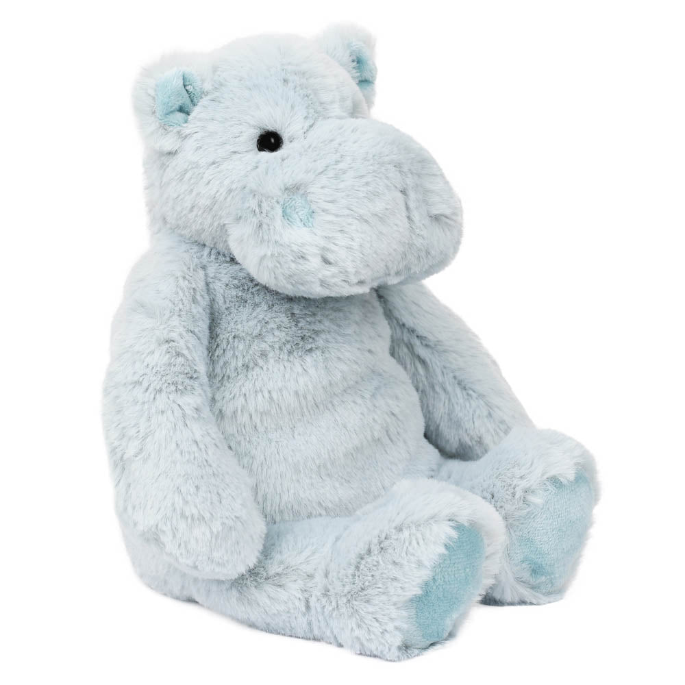 Pale blue hippo soft toy for babies and children shown seated at an angle