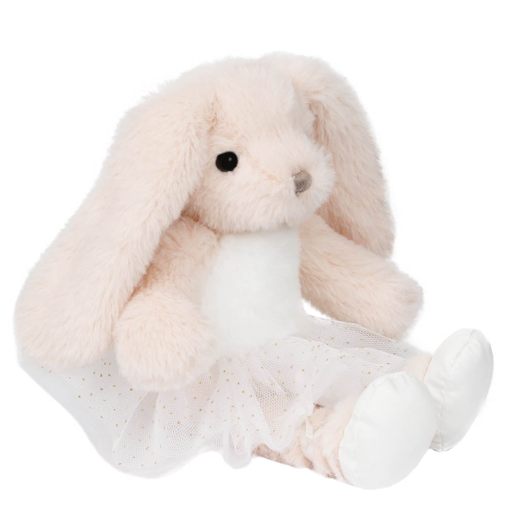 The Puppet Company rabbit soft toy seated in a white ballet outfit