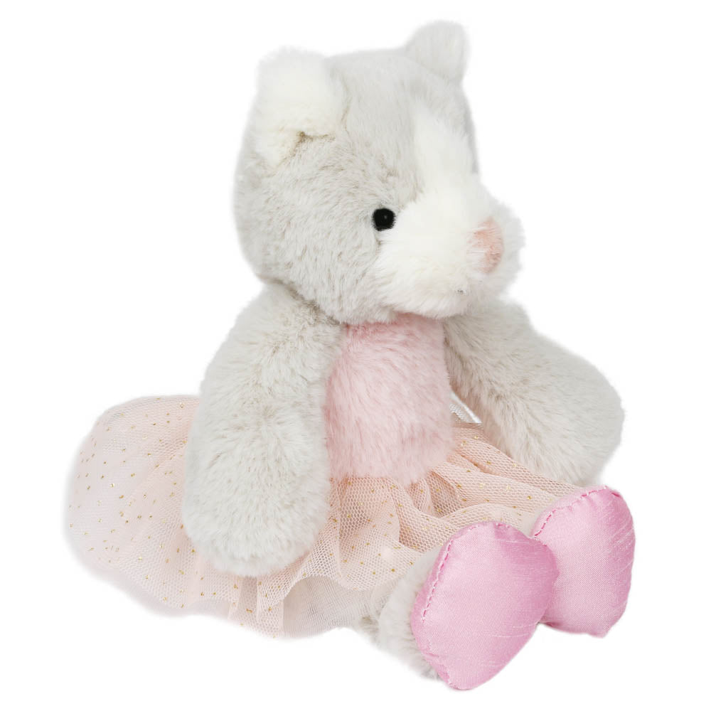 The Puppet Co Wilberry ballerina cat children’s soft toy seated with pink ballet shoes