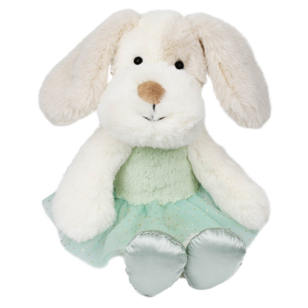 Wilberry Plush Dancer Dog soft toy seated in a mint green tutu