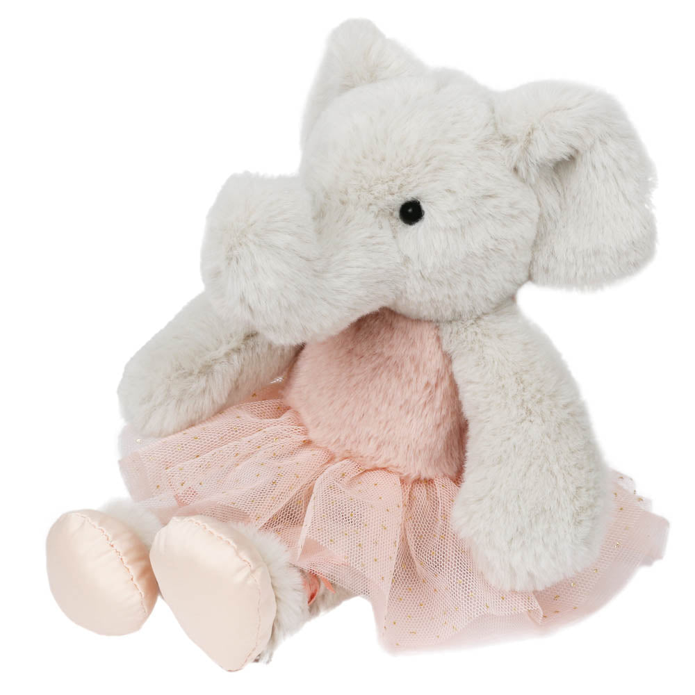 Wilberry Ballet Dancer Elephant children’s soft toy shown at an angle in blush pink ballet outfit