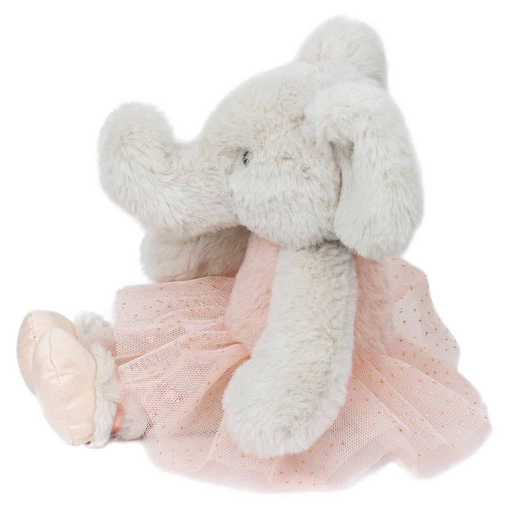 Side view of The Puppet Company Wilberry Ballet Dancer Elephant soft toy in pink tutu