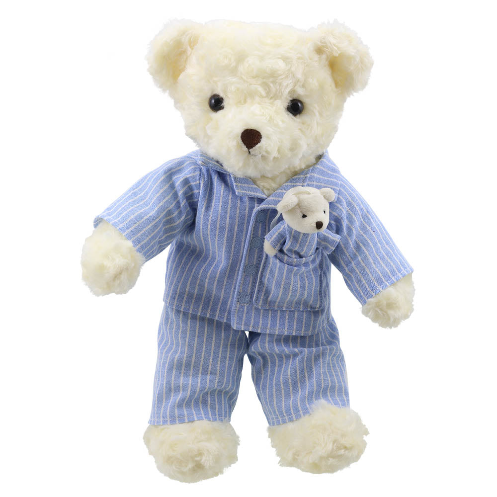 The Puppet Company Wilberry Bedtime Bear toy in blue striped pyjamas front view