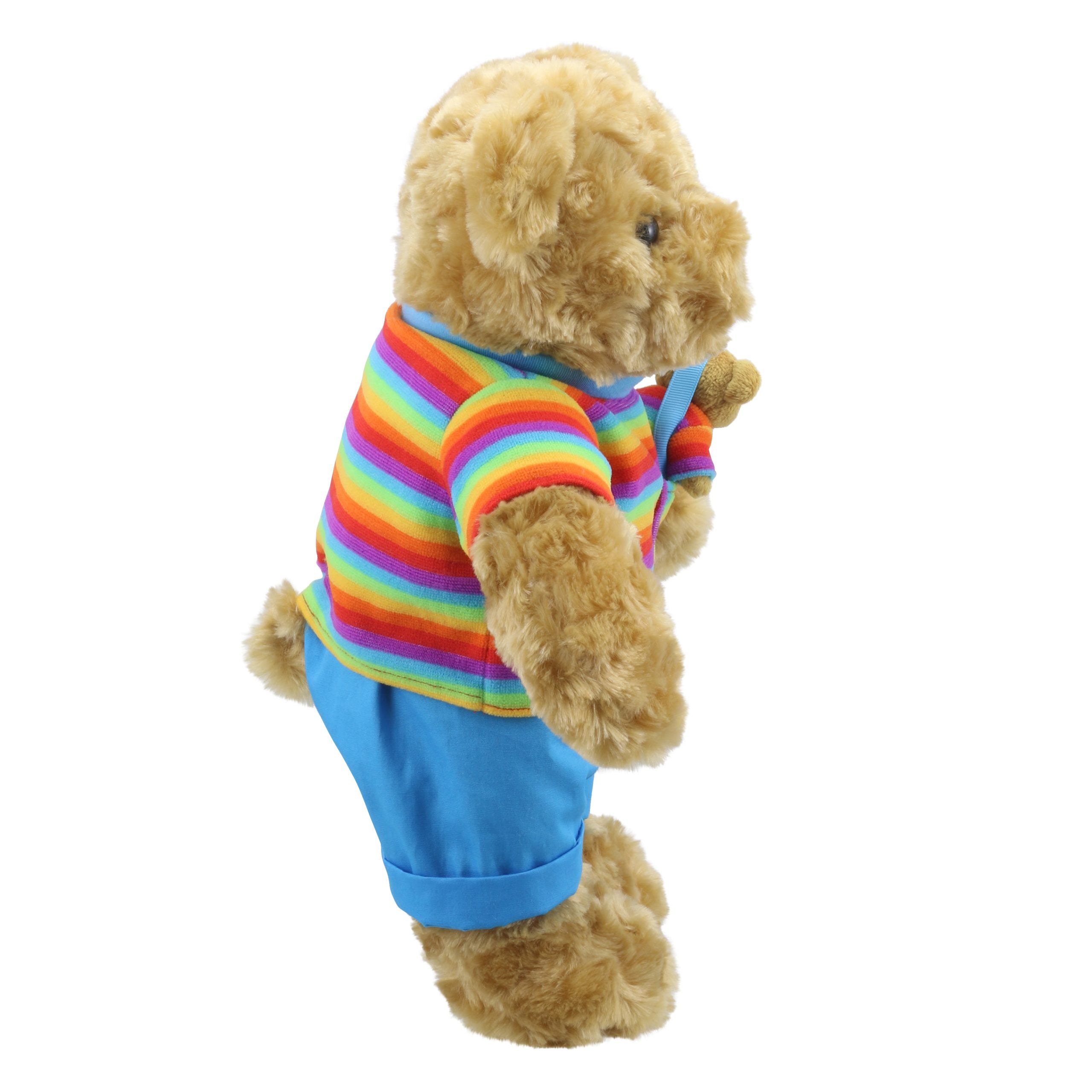 Brown rainbow teddy bear soft toy with attached miniature teddy side view
