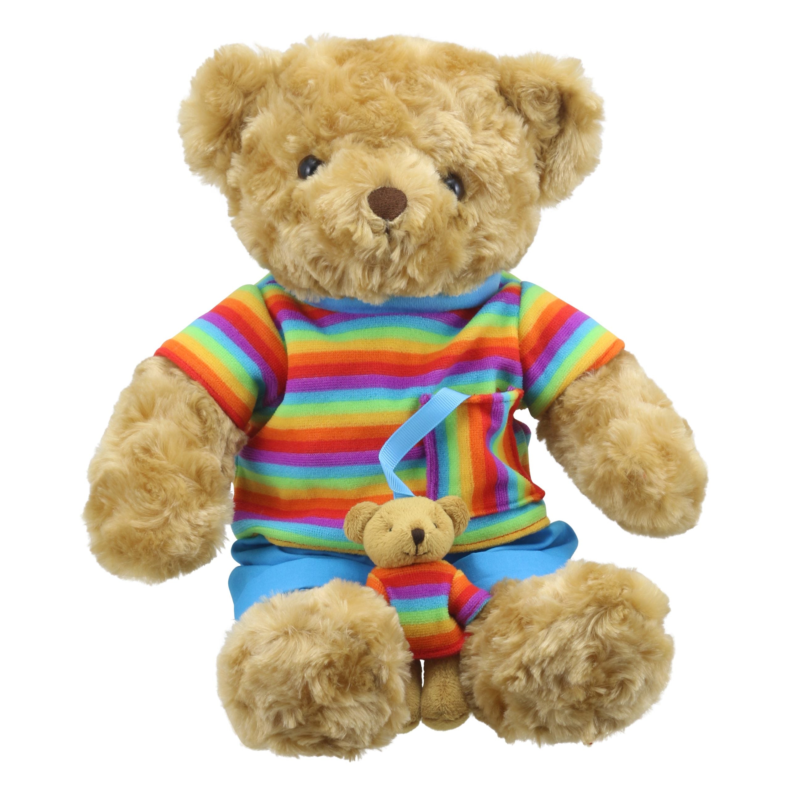 The Puppet Company Wilberry Rainbow Bear soft toy seated with miniature teddy