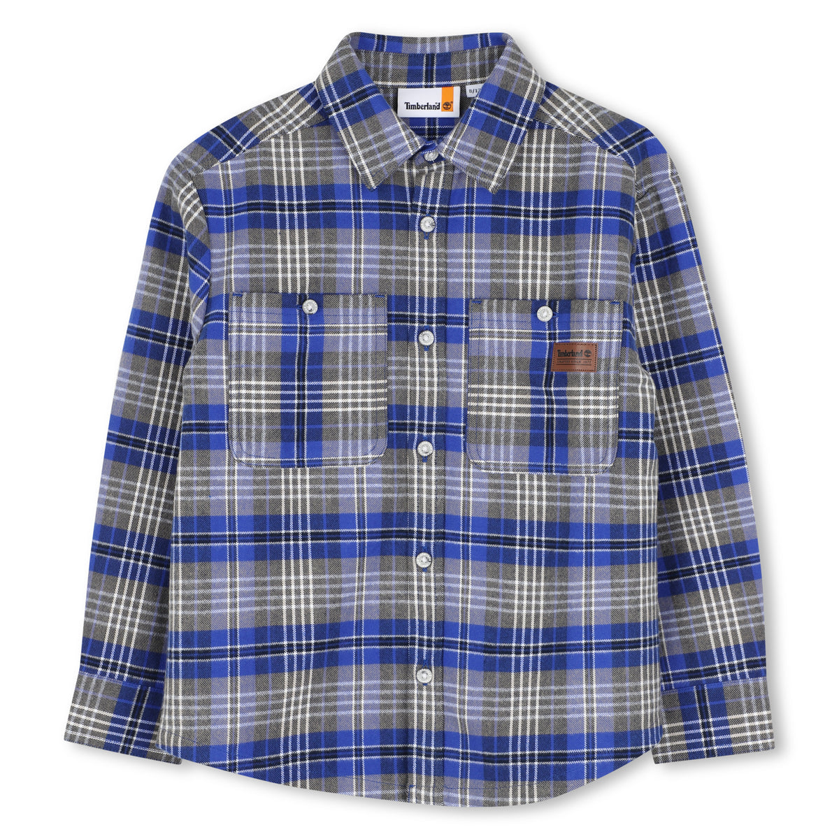 Timberland boys blue and grey checked long sleeve cotton shirt front view