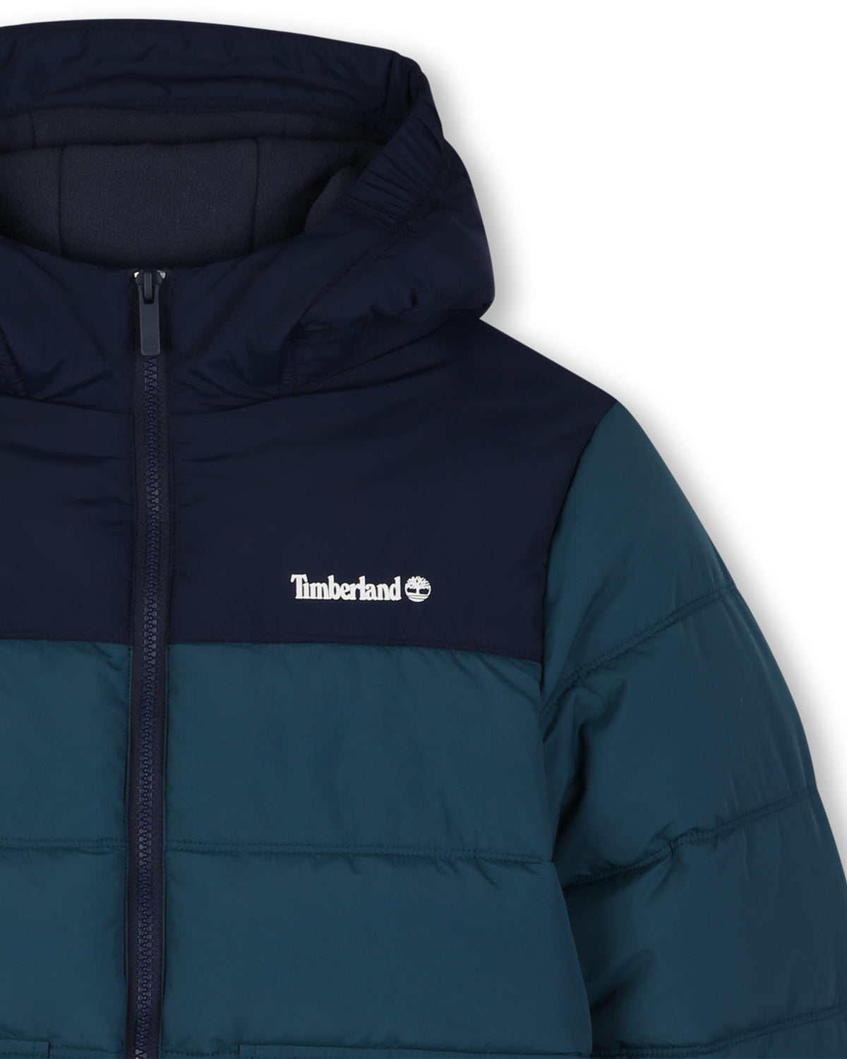 Close-up of Timberland boys padded jacket showing hood, front zip and chest logo