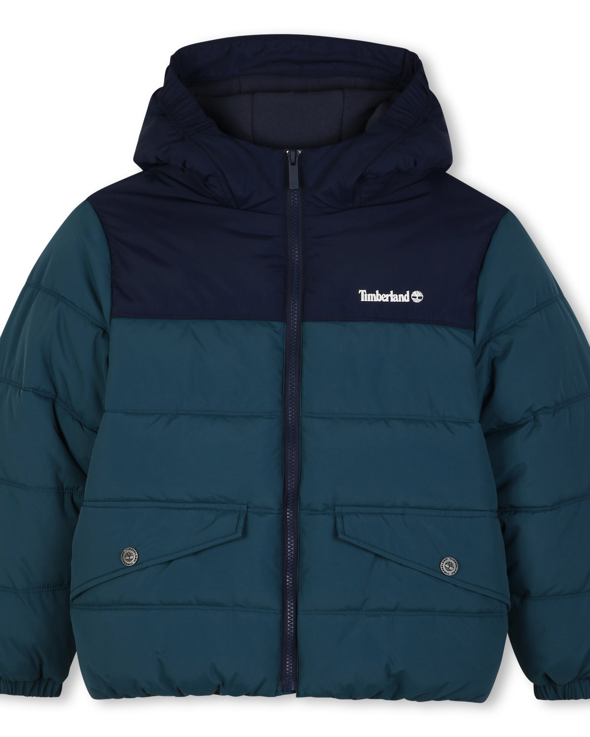 Timberland boys hooded padded puffer jacket in dark sea blue and navy front view