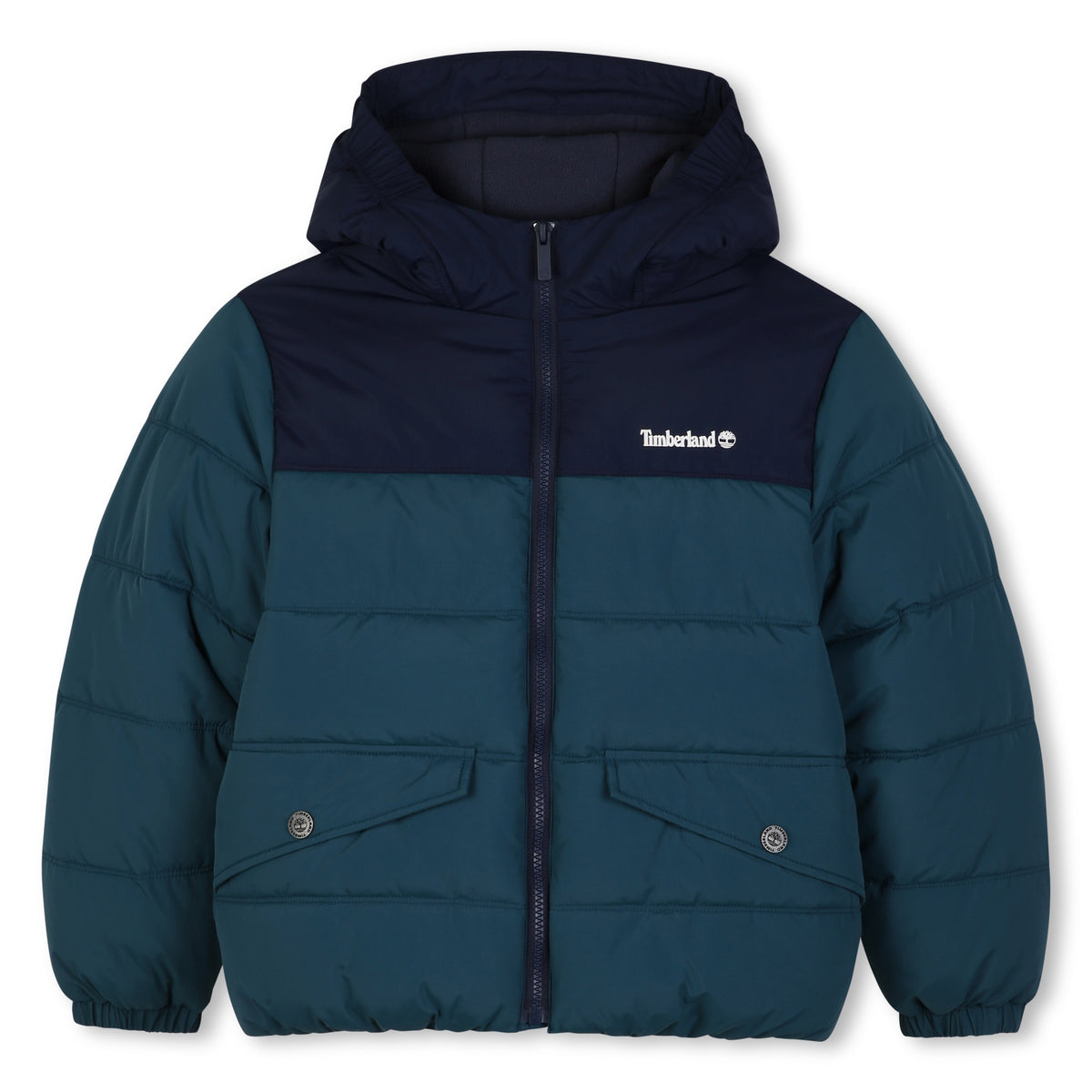 Timberland boys hooded padded puffer jacket in dark sea blue and navy front view