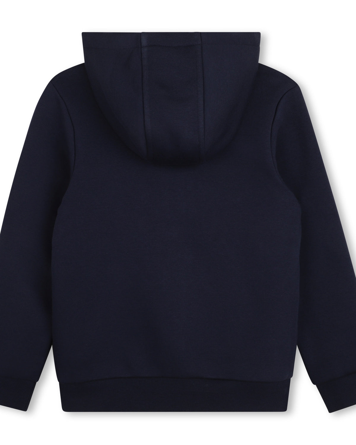 Timberland boys navy zip-up hoodie with hood and ribbed hem back view