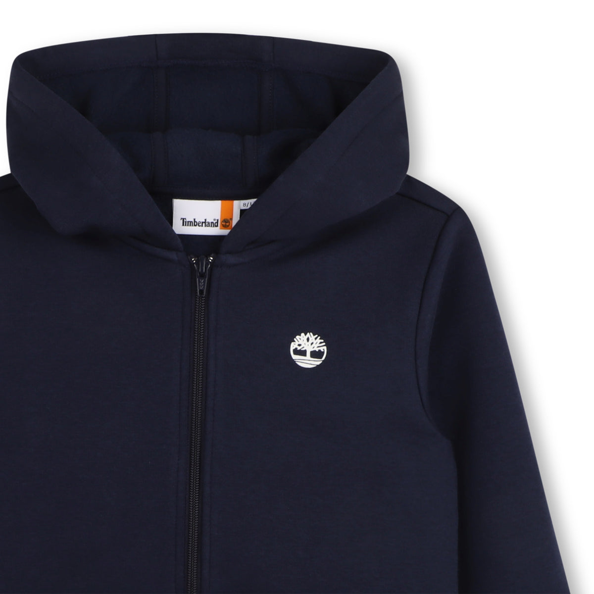 Close-up of Timberland boys navy hooded sweatshirt showing zip fastening and embroidered tree logo