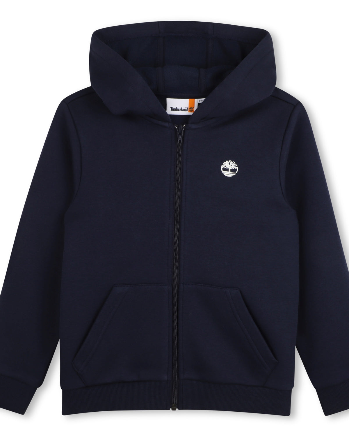 Timberland boys navy full zip hooded sweatshirt with front pockets and tree logo