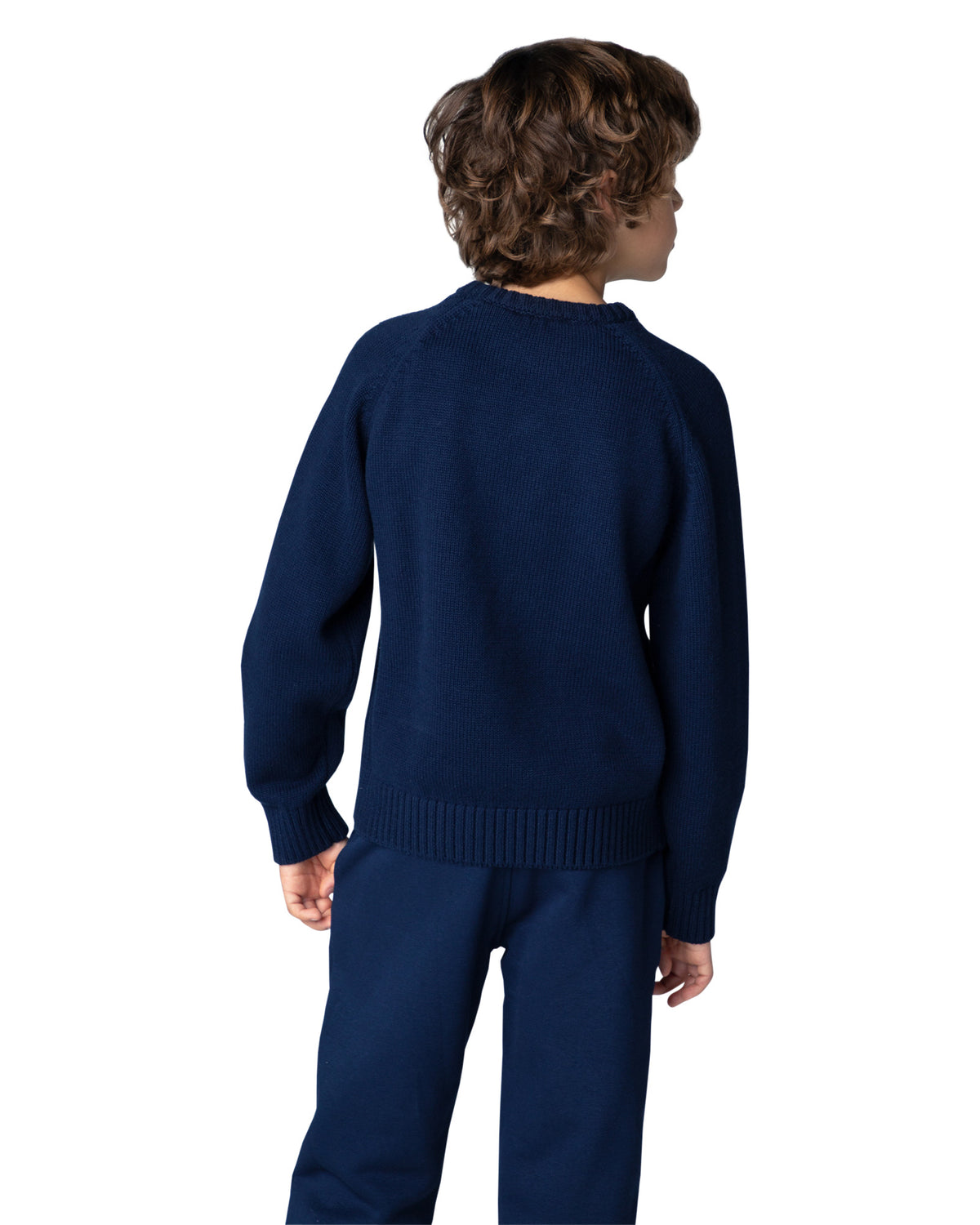 Close-up of Timberland boys navy blue crew neck knitted jumper