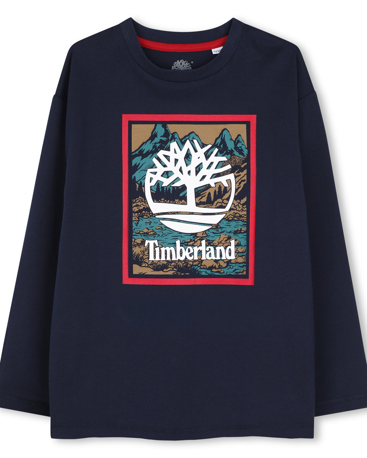 Timberland boys navy blue long sleeve cotton T-shirt with large tree logo print