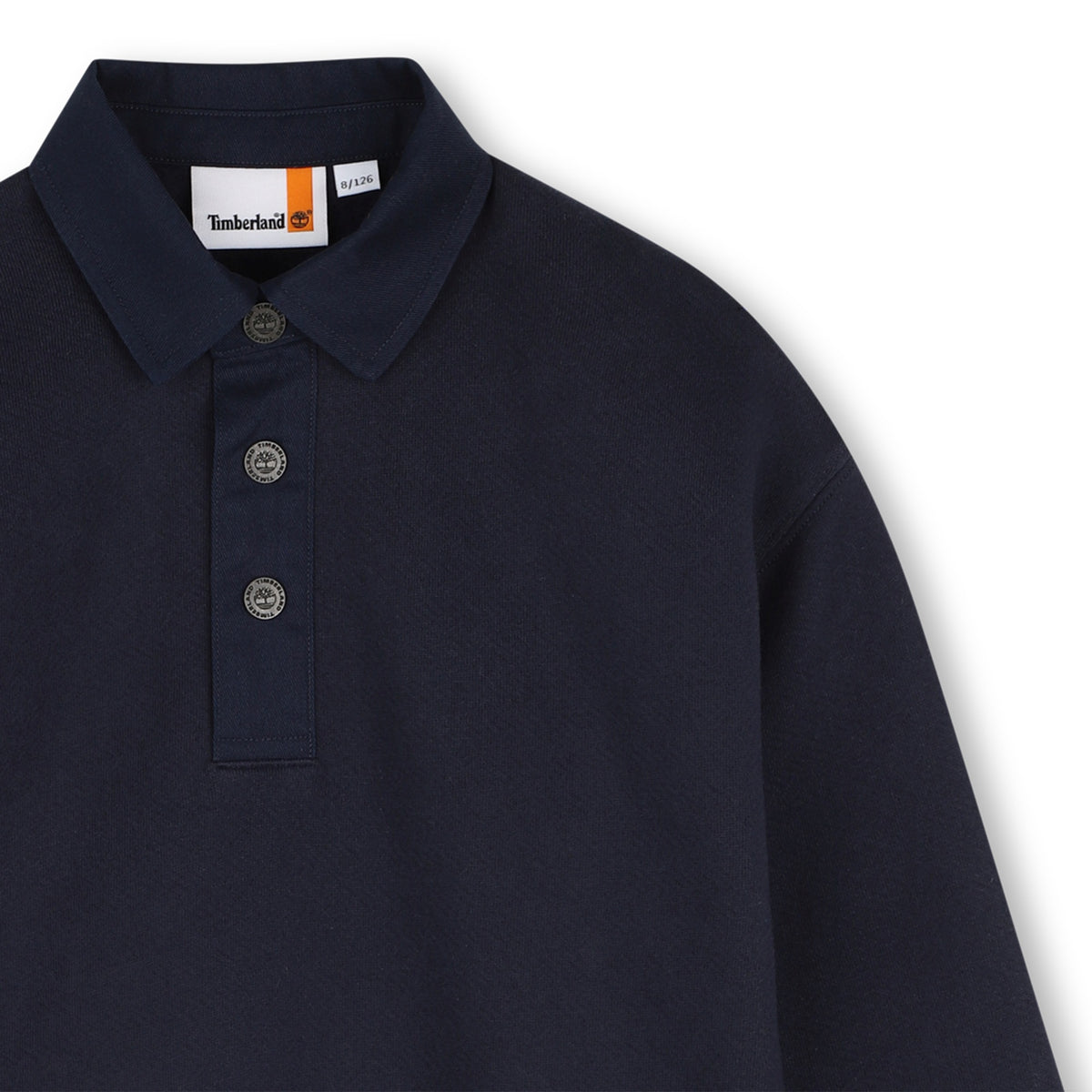 Close-up of Timberland boys navy sweatshirt with polo collar and three-button neckline
