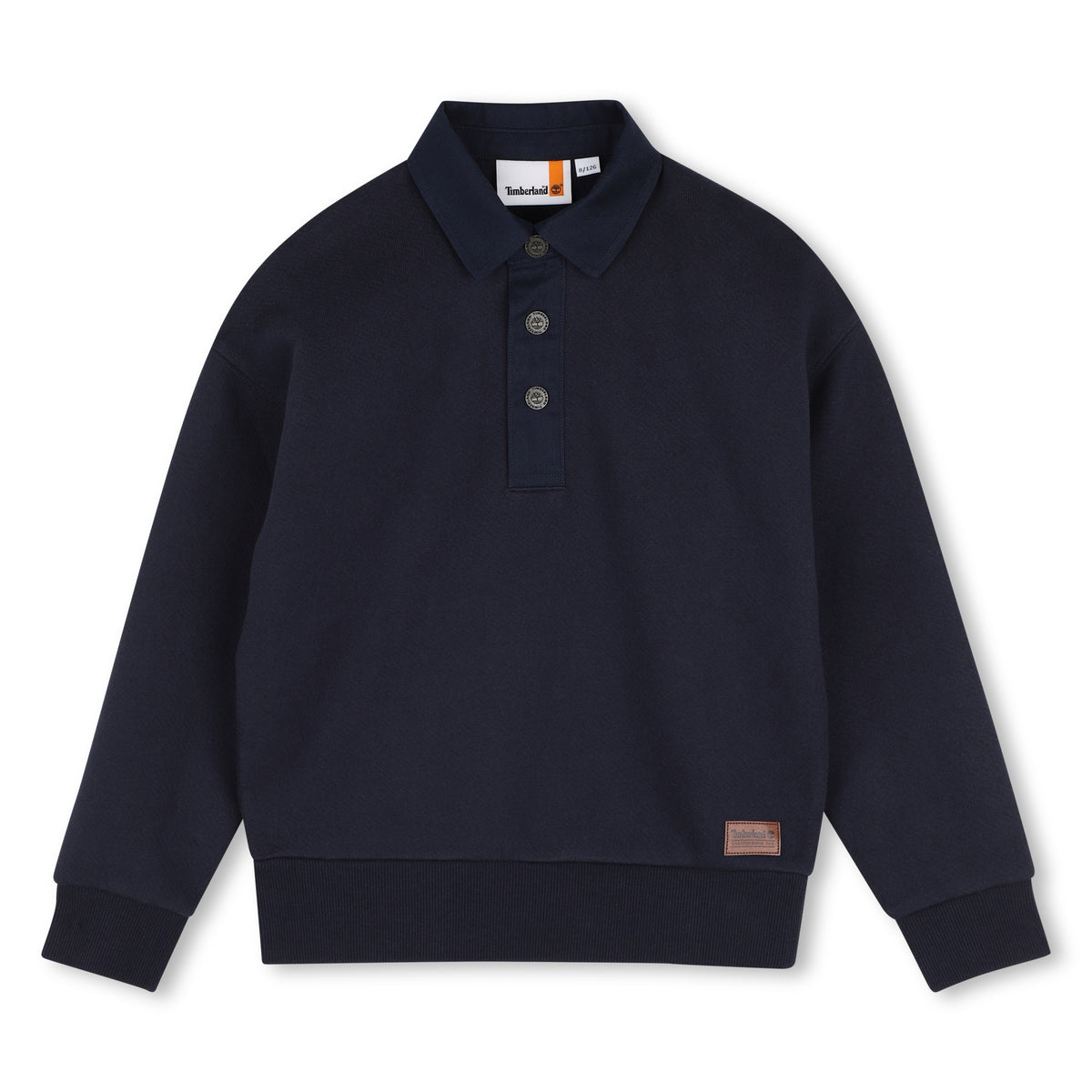 Timberland boys navy blue cotton polo collar sweatshirt front view