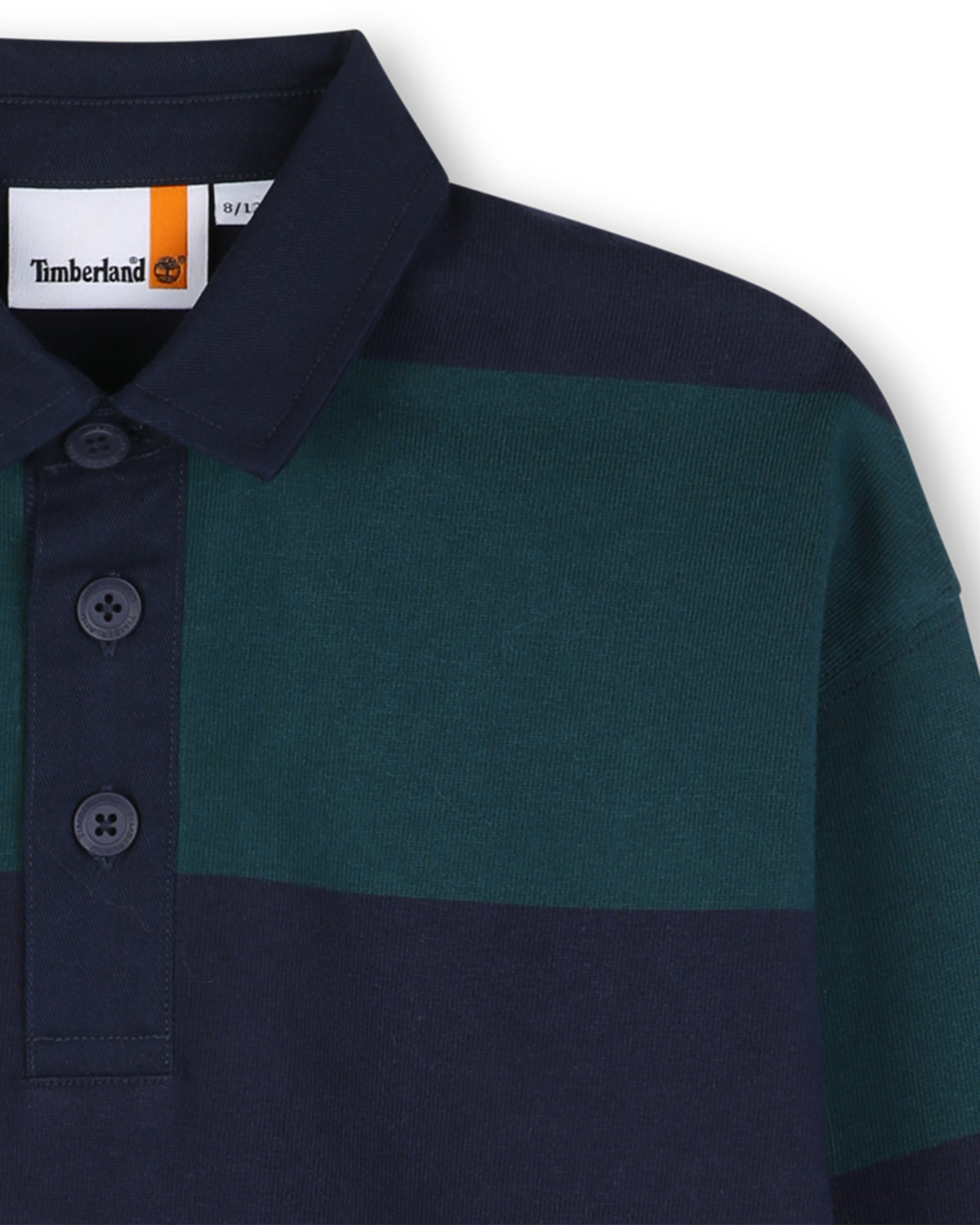 Close-up of Timberland boys rugby shirt collar and button fastening