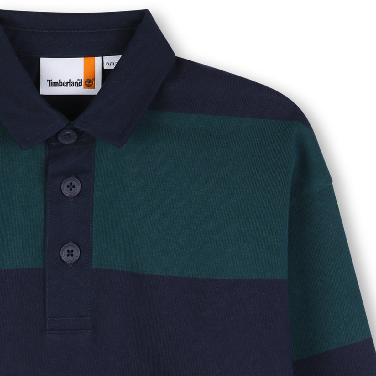Close-up of Timberland boys rugby shirt collar and button fastening
