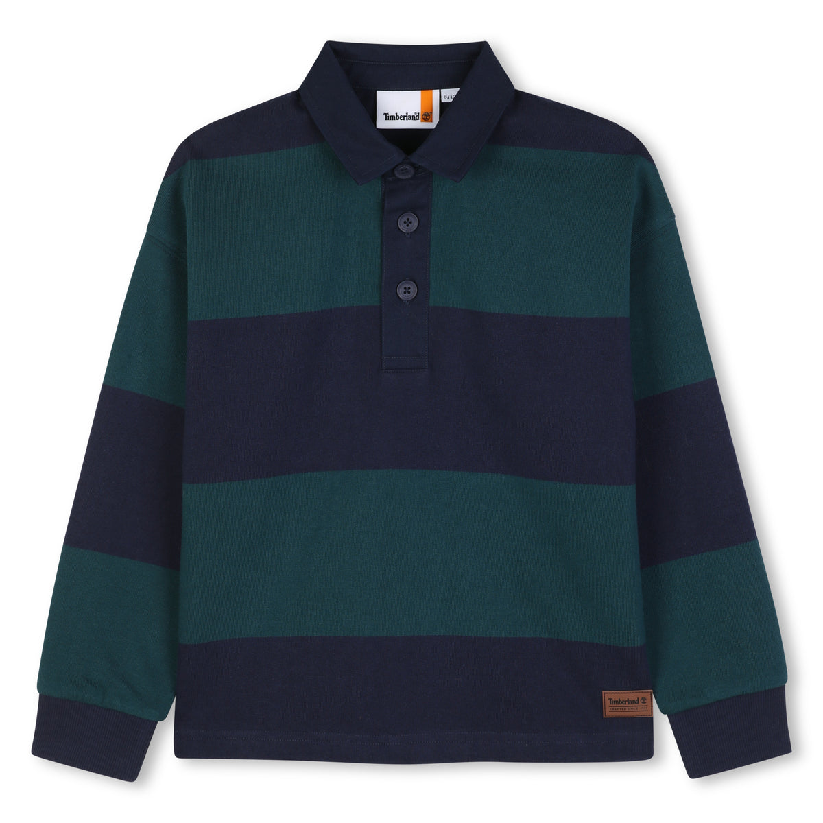 Timberland boys navy and green striped long sleeve rugby shirt front view