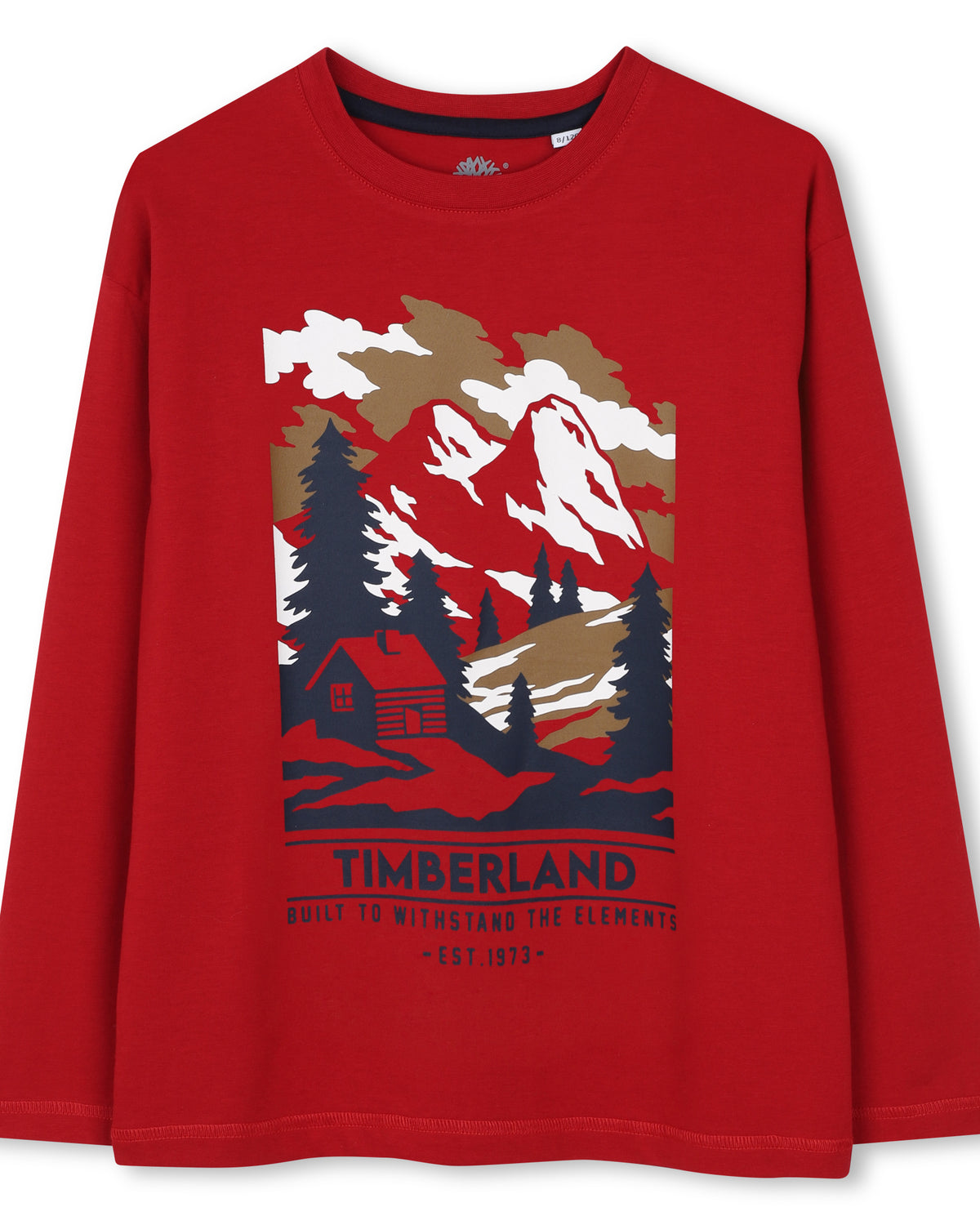Timberland boys red long sleeve cotton T-shirt with mountain landscape graphic