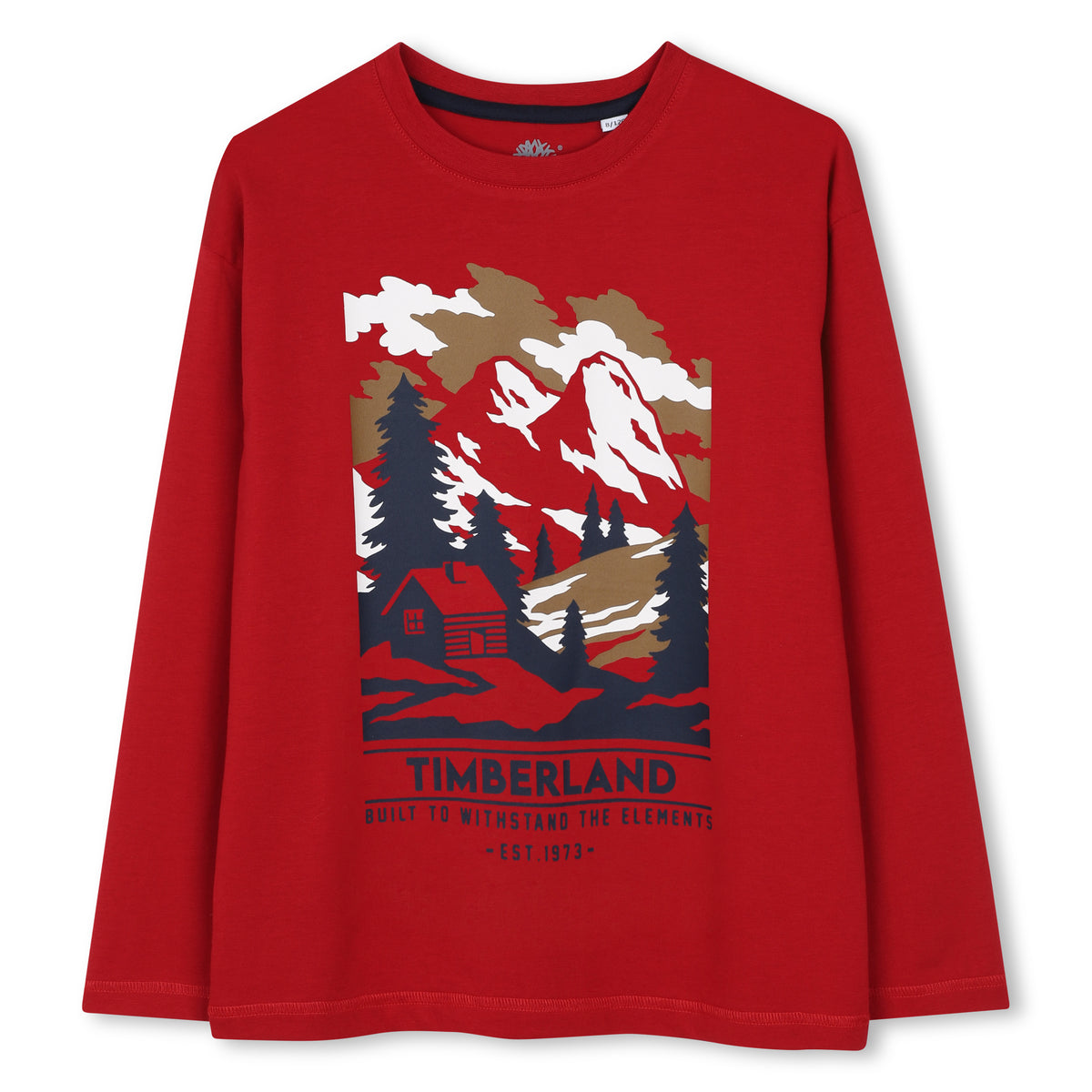 Timberland boys red long sleeve cotton T-shirt with mountain landscape graphic
