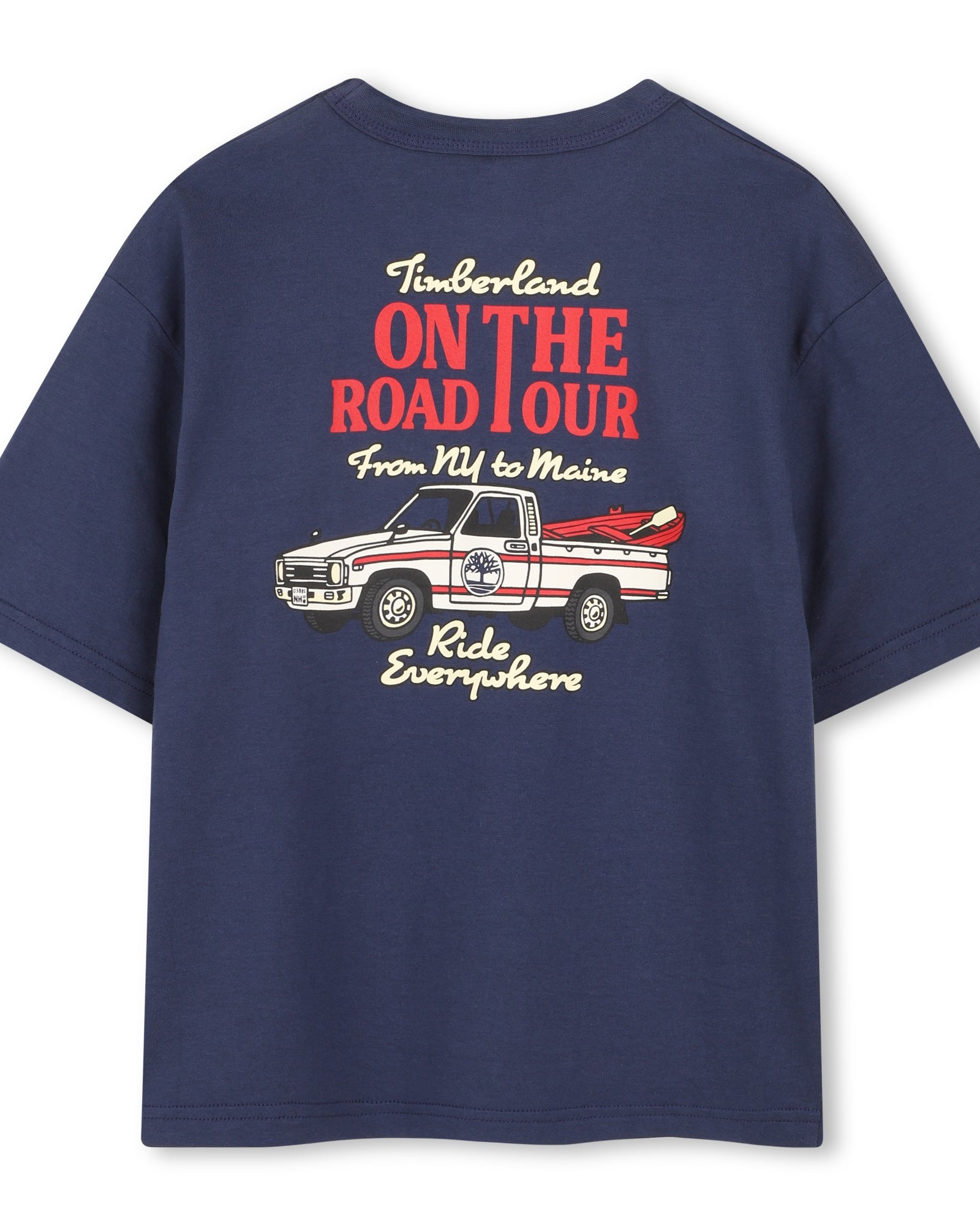 Timberland boys navy graphic T-shirt back view with truck print
