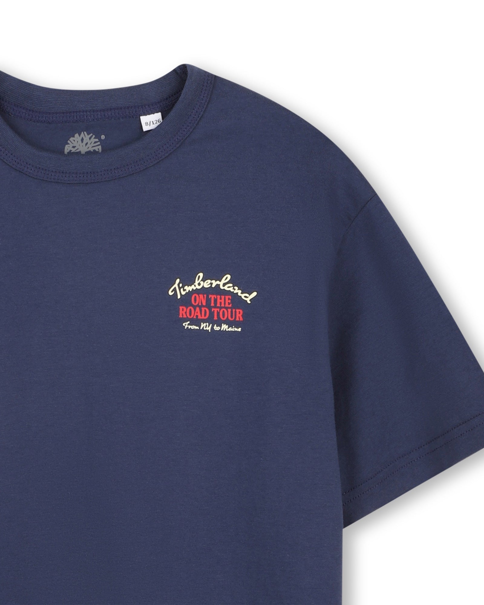 Timberland boys navy cotton T-shirt close-up with logo detail
