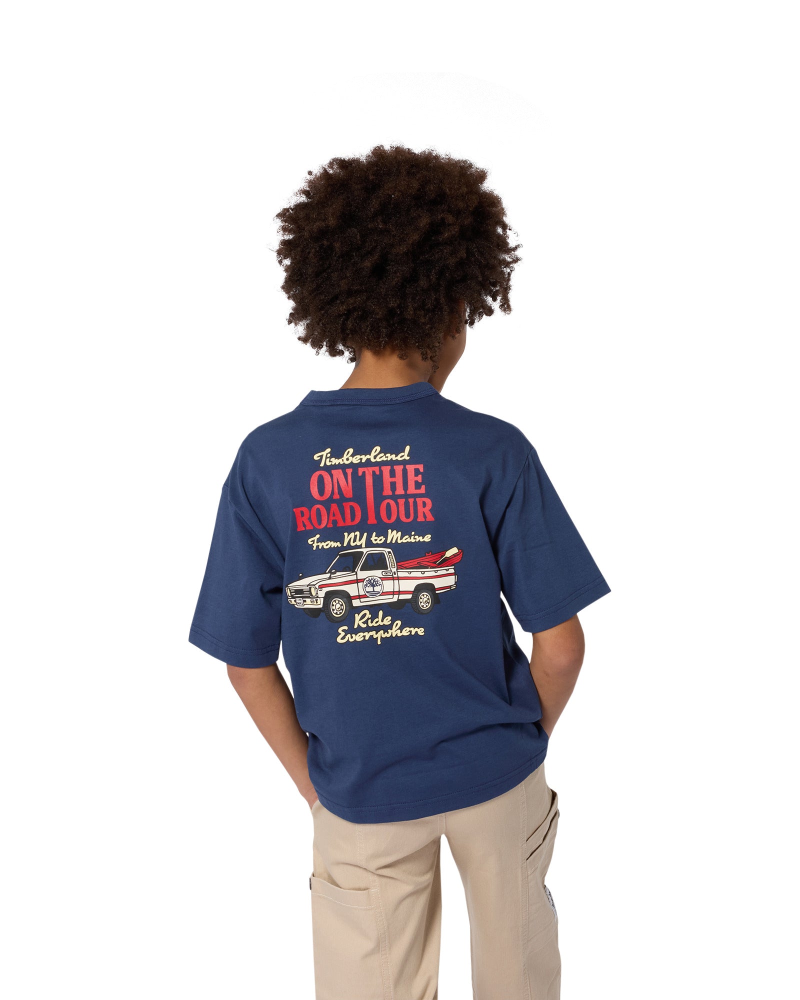 Timberland boys graphic T-shirt styled with casual trousers