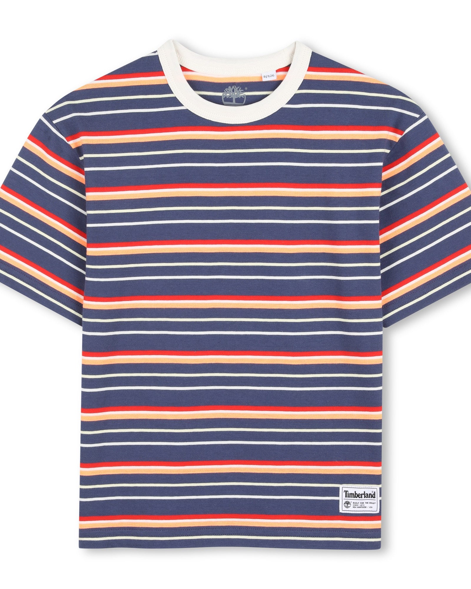 Timberland boys navy red and cream striped T-shirt front view