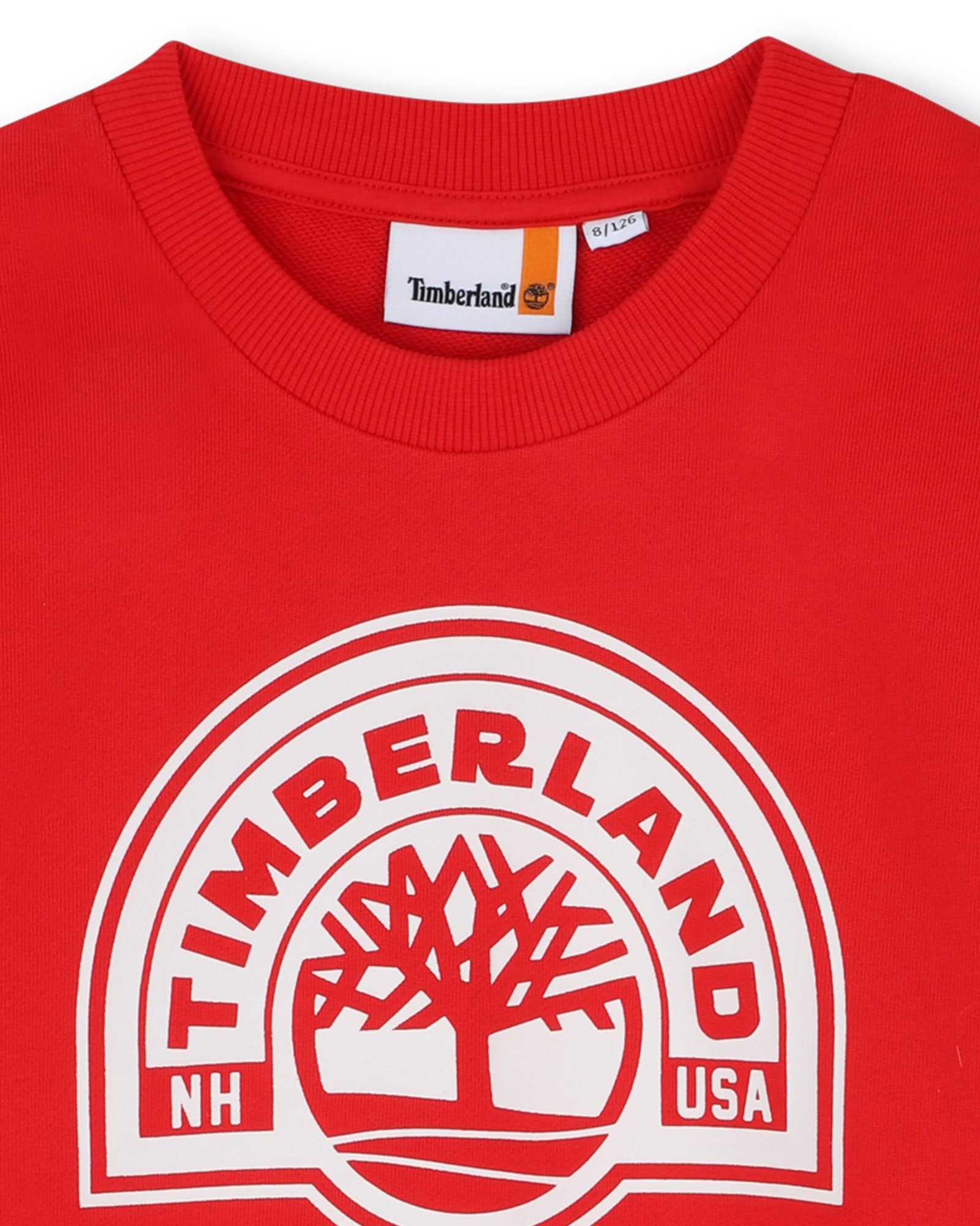 Timberland boys red logo sweatshirt close-up detail